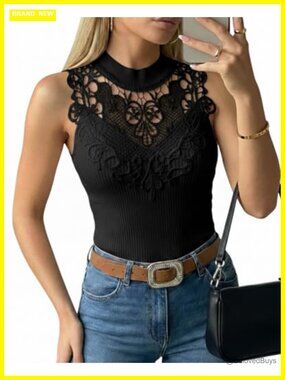 Sleeveless Lace Mock Neck Ribbed Knit Tank Top Fitted Dressy Summer Tops